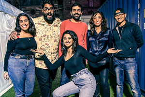 Asian Network Comedy. Image shows from L to R: Emily Lloyd Saini, Eshaan Akbar, Harpz Kaur, Sumit Anand, Shazia Mirza, Arnab Chanda. Copyright: BBC