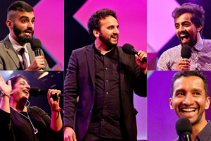 Asian Network Comedy. Image shows from L to R: Tez Ilyas, Sajeela Kershi, Nish Kumar, Rahul Kohli, Imran Yusuf. Copyright: BBC