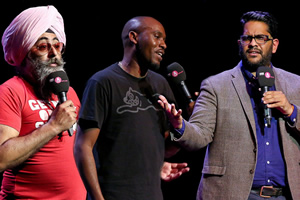 Asian Network Comedy. Image shows from L to R: Hardeep Singh Kohli, Dane Baptiste, Eshaan Akbar. Copyright: BBC