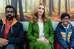 Avoidance. Image shows left to right: Jonathan (Romesh Ranganathan), Claire (Jessica Knappett), Spencer (Kieran Logendra)