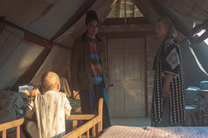 The Baby. Image shows from L to R: The Baby (Albie Pascal Hills), The Baby (Arthur Levi Hills), Natasha (Michelle De Swarte), Barbara (Sinéad Cusack)