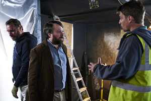 Back. Image shows from L to R: Stephen (David Mitchell), Builder (Craig Russell)
