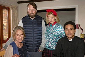 Back. Image shows from L to R: Ellen (Penny Downie), Stephen (David Mitchell), Cass (Louise Brealey), Julian (John MacMillan)