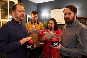 Back. Image shows from L to R: Andrew (Robert Webb), Mike (Oliver Maltman), Jan (Jessica Gunning), Stephen (David Mitchell)
