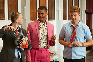 Bad Education. Image shows left to right: Jinx (Laura Marcus), Stephen (Layton Williams), Harrison (Bobby Johnson)