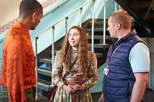 Bad Education. Image shows left to right: Stephen (Layton Williams), Chloreen (Olivia Marcus), Mitchell (Charlie Wernham)