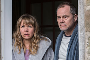 Bad Move. Image shows from L to R: Nicky (Kerry Godliman), Steve (Jack Dee). Copyright: Open Mike Productions