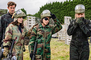 Bad Sisters. Image shows left to right: John Paul Williams (Claes Bang), Becka Garvey (Eve Hewson), Bibi Garvey (Sarah Greene), Eva Garvey (Sharon Horgan)