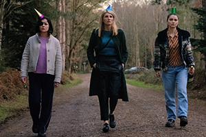 Bad Sisters. Image shows from L to R: Bibi (Sarah Greene), Eva (Sharon Horgan), Becka (Eve Hewson)