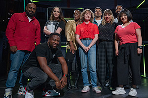 BBC New Comedy Awards. Image shows left to right: Dinesh Nathan, Babatundé Aléshé, Fern Brady, Thanyia Moore, Dee Allum, Ajay Rose, Kerry Godliman, Darran Griffiths, Chin Wang