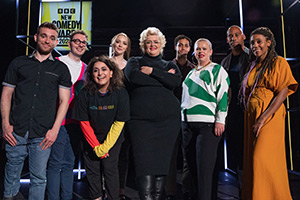 BBC New Comedy Awards. Image shows left to right: Michael McKenzie, Will Hall, Leila Navabi, Fern Brady, Jayde Adams, Omar Badawy, Laura Smyth, Leroy Brito, Kate Cheka