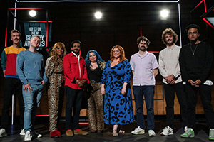 BBC New Comedy Awards. Image shows left to right: Jack McLean, Josh Jones, Maxine Vuvuzela, Ahir Shah, Maxine Wade, Amy Gledhill, Paddy Young, Josh Pugh, Faizan Shah