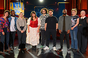 BBC New Comedy Awards. Image shows left to right: Lara Ricote, Babatunde Aléshé, Holly Walsh, Maia Tassalini, Alfie Packham, Muhsin Yesilada, Limahl Germain, Frankie Thompson, Laura Smyth