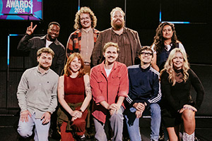 BBC New Comedy Awards. Image shows left to right: Babatunde Aléshé, Ciaran Franco, Marty Gleeson, Mark Moloney, Vittorio Angelone, Adam Perrott, Bert Broadbent, Roya Eslami, Serena Terry