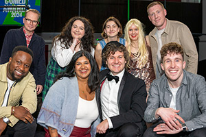 BBC New Comedy Awards. Image shows left to right: Babatunde Aléshé, Gregor Sharp, Ashley Storrie, Maddy Fernando, JoJo Maberly, Jonathan Oldfield, Katie McLeod, Craig Scott, Larry Dean