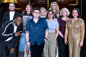 BBC New Comedy Awards. Image shows left to right: Jake Donaldson, Babatunde Aléshé, Maria Fedulova, Marie Goulbourne, Rachel Hough, Samira Banks, Jessica Knappett, Gill Isles, Rachel Fairburn