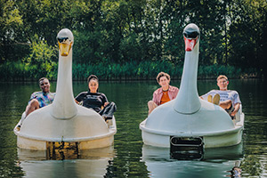 Big Boys. Image shows left to right: Yemi (Olisa Odele), Corinne (Izuka Hoyle), Jack (Dylan Llewellyn), Danny (Jon Pointing)