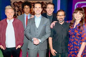 The Big Fat Quiz Of Everything. Image shows from L to R: Rob Beckett, Richard Ayoade, Jimmy Carr, Jonathan Ross, Adam Buxton, Aisling Bea. Copyright: Hot Sauce