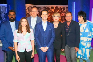 The Big Fat Quiz Of Everything. Image shows from L to R: Romesh Ranganathan, Chelsea Peretti, Dara O Briain, Jimmy Carr, Eddie Izzard, Alan Carr, Noel Fielding. Copyright: Hot Sauce