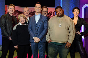 The Big Fat Quiz Of Everything. Image shows from L to R: Joe Lycett, Sandi Toksvig, Frank Skinner, Jimmy Carr, David Baddiel, Big Narstie, Katherine Ryan. Copyright: Hot Sauce