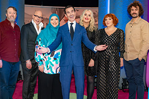 The Big Fat Quiz Of Everything. Image shows left to right: David Mitchell, Harry Hill, Fatiha El-Ghorri, Jimmy Carr, Roisin Conaty, Sophie Willan, Josh Pugh