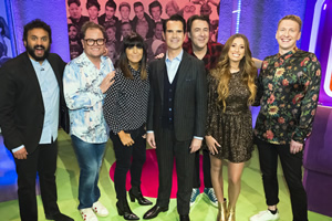 The Big Fat Quiz Of The Year. Image shows from L to R: Nish Kumar, Alan Carr, Claudia Winkleman, Jimmy Carr, Jonathan Ross, Stacey Solomon, Joe Lycett