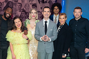 The Big Fat Quiz Of The Year. Image shows left to right: Mo Gilligan, Rosie Jones, Katherine Ryan, Jimmy Carr, Richard Ayoade, Mel Giedroyc, Kevin Bridges