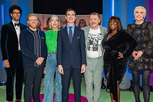 The Big Fat Quiz Of The Year. Image shows left to right: Richard Ayoade, Rob Beckett, Katherine Ryan, Jimmy Carr, Chris McCausland, Judi Love, Maisie Adam