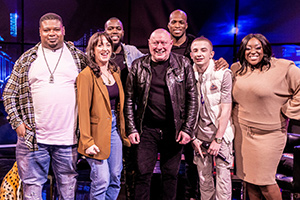 The Big Narstie Show. Image shows from L to R: Big Narstie, Natalie Cassidy, Mo Gilligan, Shaun Ryder, Michael Page, ArrDee, Judi Love