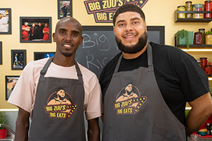 Big Zuu's Big Eats. Image shows left to right: Mo Farah, Big Zuu