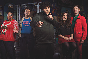 Big Zuu's Big Eats. Image shows from L to R: Desiree Burch, Phil Wang, Big Zuu, Rosie Jones, Ed Gamble