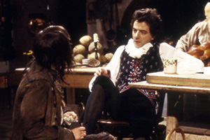 Blackadder. Image shows left to right: Baldrick (Tony Robinson), Mr. Edmund Blackadder, Esquire (Rowan Atkinson). Credit: BBC