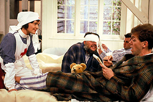Blackadder. Image shows left to right: Nurse Mary (Miranda Richardson), Brigadier Smith (Bill Wallis), Lieutenant George Barleigh (Hugh Laurie)