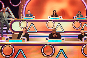 Blankety Blank. Image shows left to right: Bradley Walsh, Shane Richie, Ricky Wilson, Sam Quek, Remi Burgz, Kerry Godliman, Owen Warner