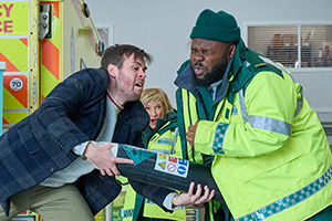 Bloods. Image shows from L to R: Spencer (Nathan Foad), Wendy (Jane Horrocks), Maleek (Samson Kayo)