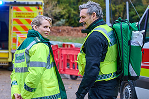 Bloods. Image shows from L to R: Jo (Lucy Punch), Lawrence (Julian Barratt)