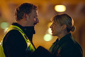 Bloods. Image shows from L to R: Lawrence (Julian Barratt), Jo (Lucy Punch)