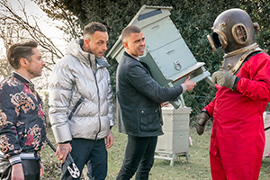 Brassic. Image shows from L to R: Tommo (Ryan Sampson), Vinnie (Joe Gilgun), Ash (Aaron Heffernan). Copyright: Calamity Films