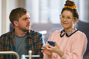 Buffering. Image shows from L to R: Iain (Iain Stirling), Rosie (Jessie Cave). Copyright: Avalon Television