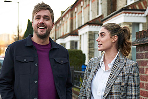 Buffering. Image shows from L to R: Iain (Iain Stirling), Olivia (Elena Saurel). Copyright: Avalon Television