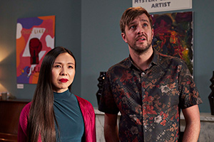 Buffering. Image shows from L to R: Jackie Ashdown (Angela Yeoh), Iain (Iain Stirling). Copyright: Avalon Television