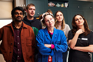 Buffering. Image shows left to right: Greg (Paul G Raymond), Iain (Iain Stirling), Rosie (Jessie Cave), Ashley (Rosa Robson), Thalia (Janine Harouni)