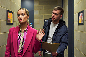 Buffering. Image shows left to right: Vic (Laura Whitmore), Iain (Iain Stirling)