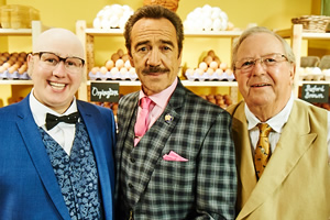 Bull. Image shows from L to R: Mr Richards (Matt Lucas), Rupert Bull (Robert Lindsay), Egg Shop Owner (Tim Brooke-Taylor). Copyright: John Stanley Productions