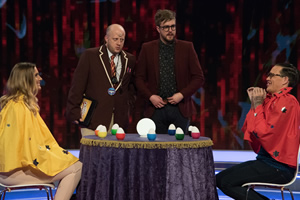 CelebAbility. Image shows from L to R: Marek Larwood, Iain Stirling, Bobby Norris. Copyright: Potato