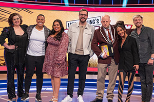 CelebAbility. Image shows from L to R: Kiri Pritchard-McLean, Lianne Sanderson, Scarlett Moffatt, Iain Stirling, Marek Larwood, Chelsee Healey, Sam Thompson. Copyright: Potato