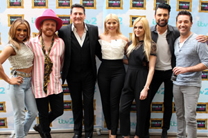 Celebrity Juice. Image shows from L to R: Melody Thornton, Leigh Francis, Tony Hadley, Holly Willoughby, Fearne Cotton, Rylan Clark-Neal, Gino D'Acampo