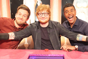 Celebrity Juice. Image shows from L to R: Chris Ramsey, Ed Sheeran, Chris Kamara