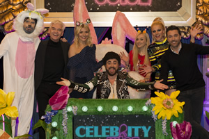 Celebrity Juice. Image shows from L to R: Rylan Clark-Neal, Phillip Schofield, Holly Willoughby, Leigh Francis, Fearne Cotton, Courtney Act, Gino D'Acampo