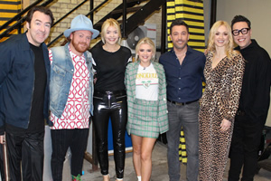 Celebrity Juice. Image shows from L to R: Jonathan Ross, Leigh Francis, Holly Willoughby, Lucy Fallon, Gino D'Acampo, Fearne Cotton, Gok Wan